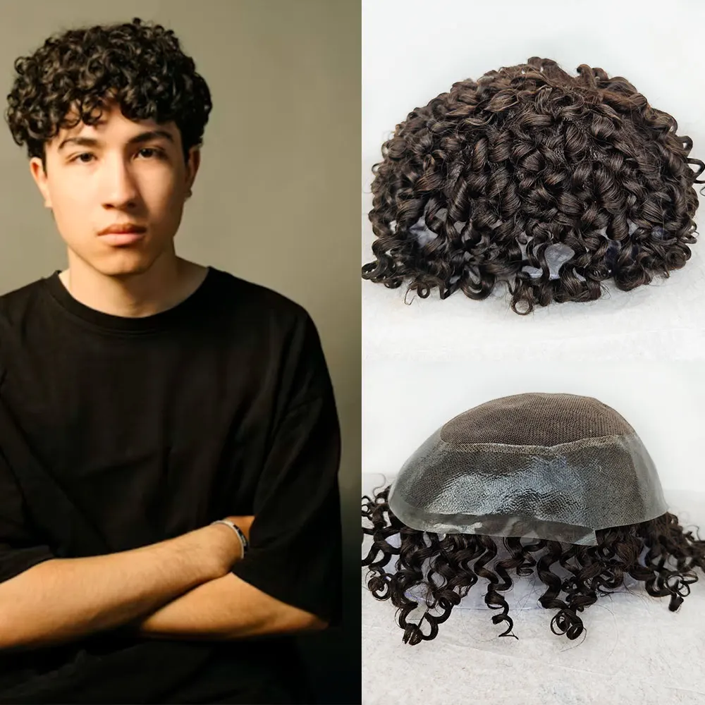

Men's Kinky Curly Human Hair Toupee 10x8inch Dark Brown 2# C Swiss Lace Top with PU Invisible Hairline for Hair Loss