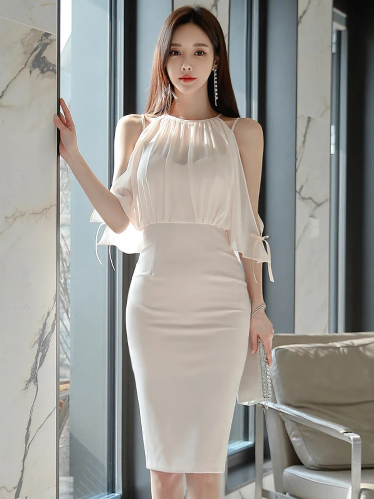 Korean Style Sweet Midi Dress for Woman Sexy Perspective Chiffon Off Shoulder Bodycon Split Robe Female Party Prom Vestido Mujer