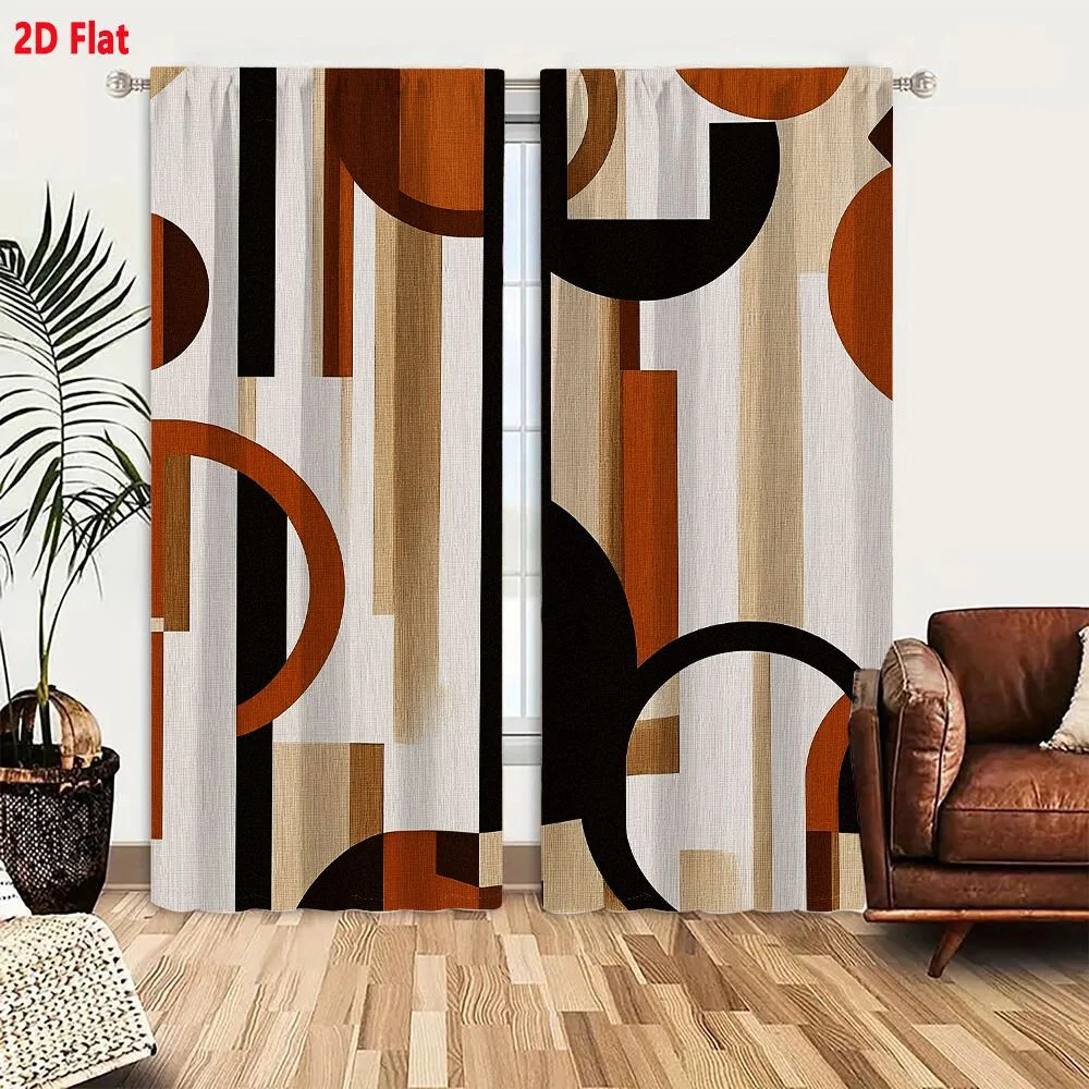 2Pcs Curtains 2D Flat Abstract Mid-Century Modern Art Featuring Vertical Stripes And Bold Curvilinear Shapes In Earthy Tones Win