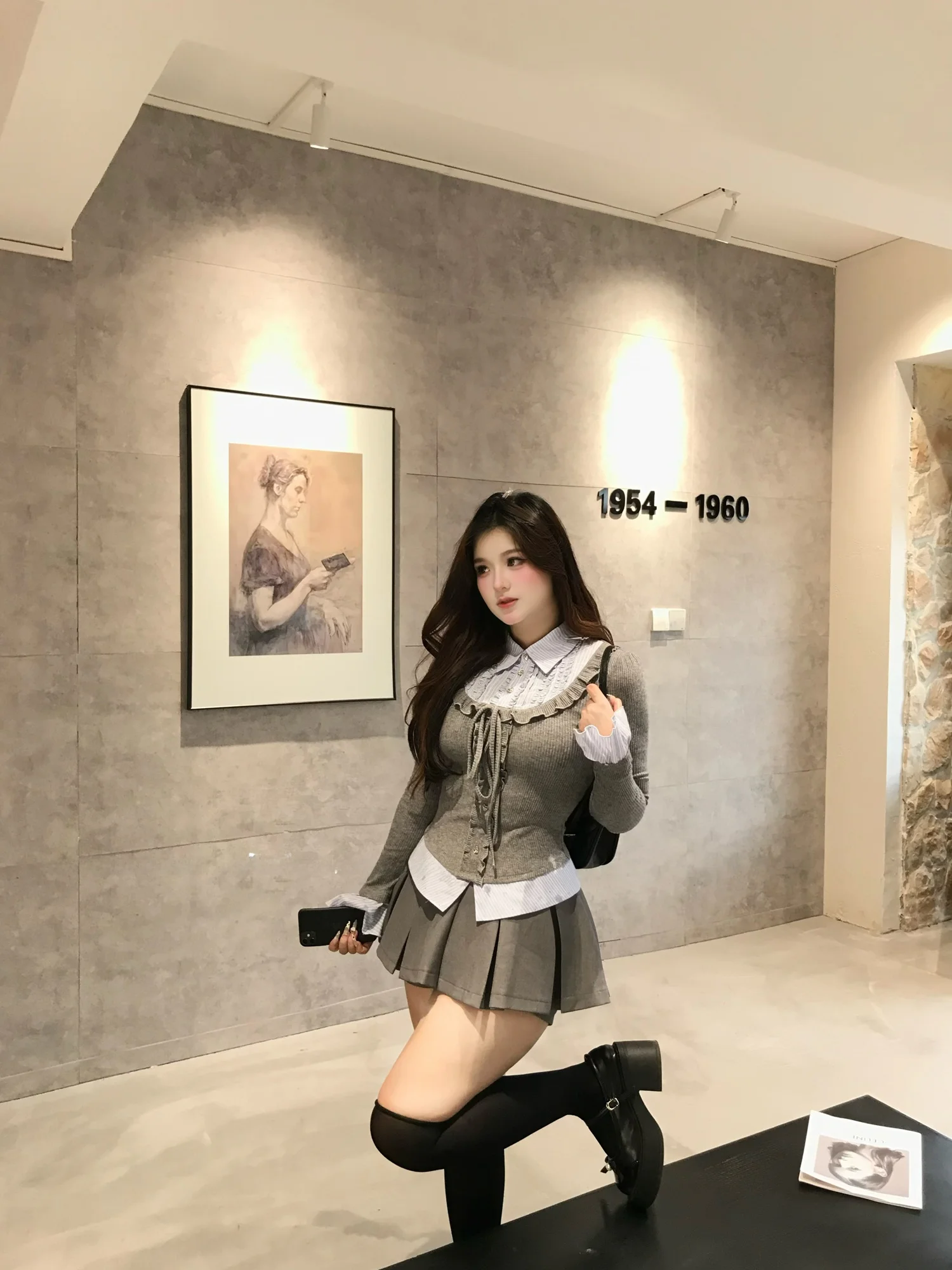 

Sweet Style plus Size Academy Korean Style Patchwork Top Skirt Set Fashionable Ensemble Short Skirt Regular Sleeve Neck