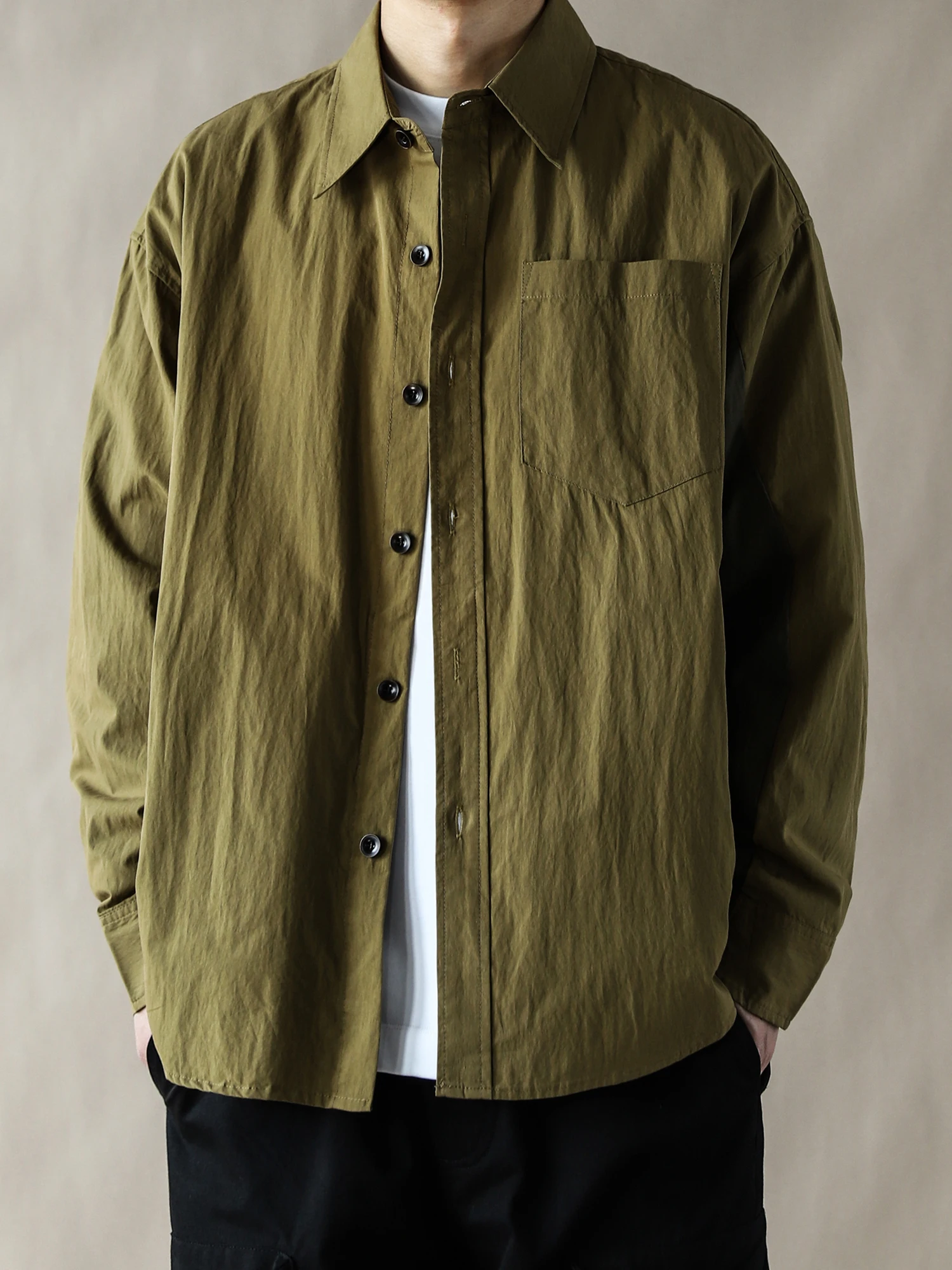 

American Workwear Sle Long Sve Casual Loose Men's irt Khaki Color Spring Autumn Pure Color Versatile Comfortable irt