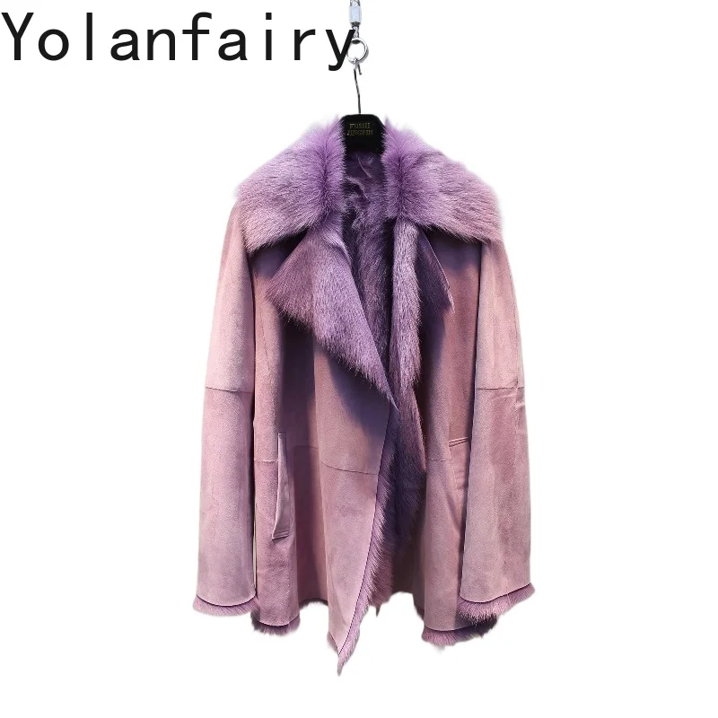 

YOLANFAIRY Lilac Purple Mid Length Genuine Goatskin Shearling Trench Coat Women Elegant Fashion Real Fur Coats Luxury Winter