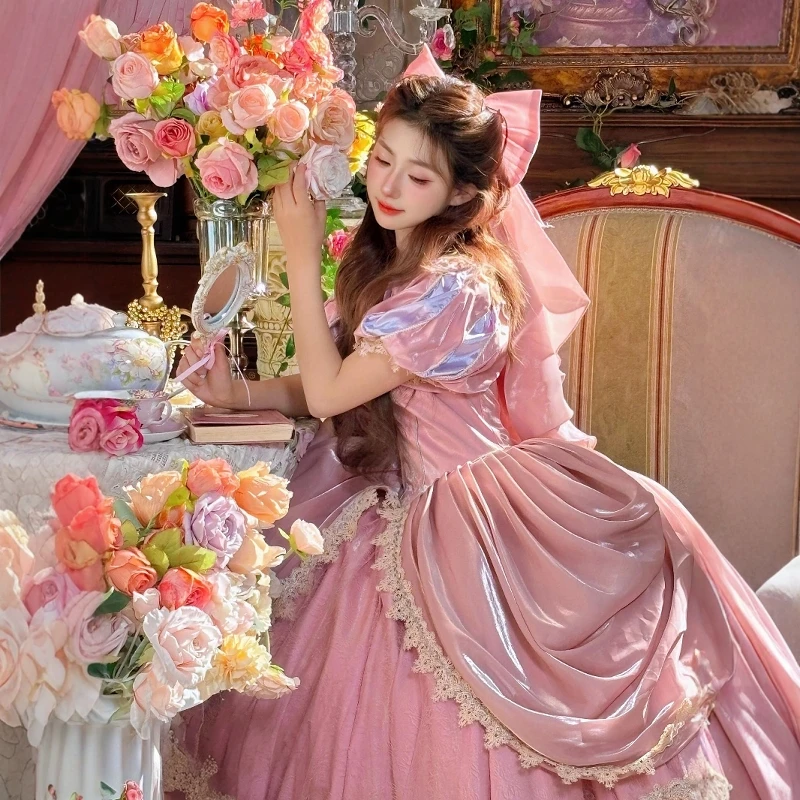 

2025 Summer Women's Slim-Fit Elegant Heavy Industry Fairy Dress Cos Dress Sweet Princess Tea Party Pink Lolita Long Dresses
