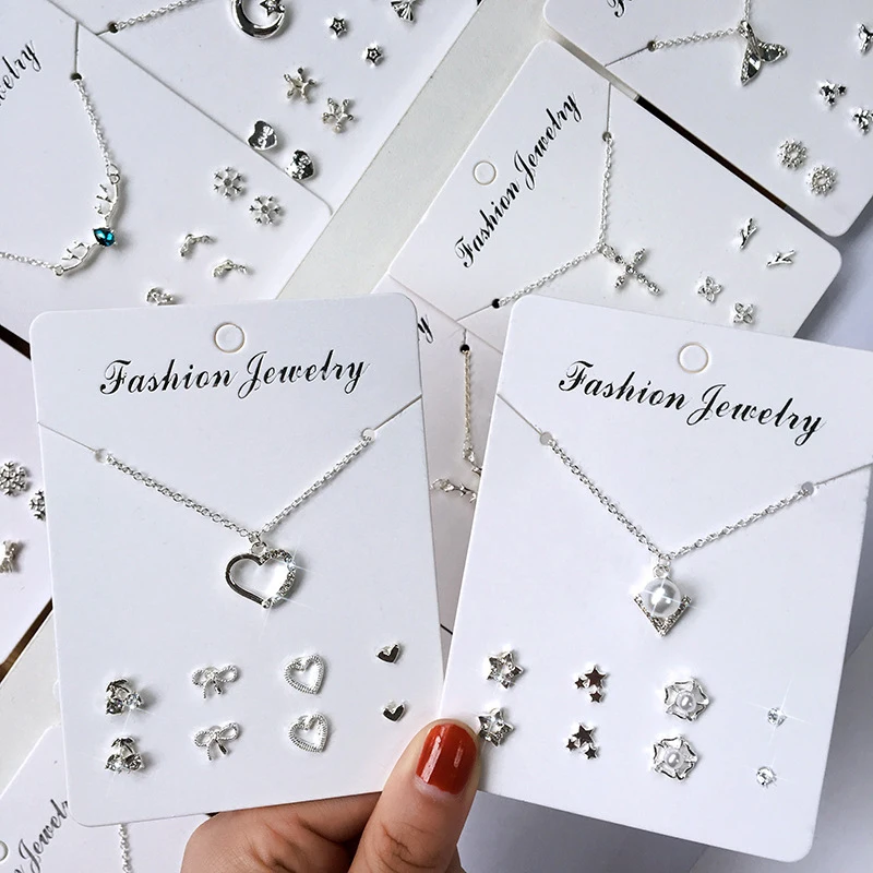 1set Trendy Zircon Pendant Necklace with 4 Pairs Stud Earrings Fashion Jewelry Set Simple Silver Color Clavicle Chain Ear Stud image 4