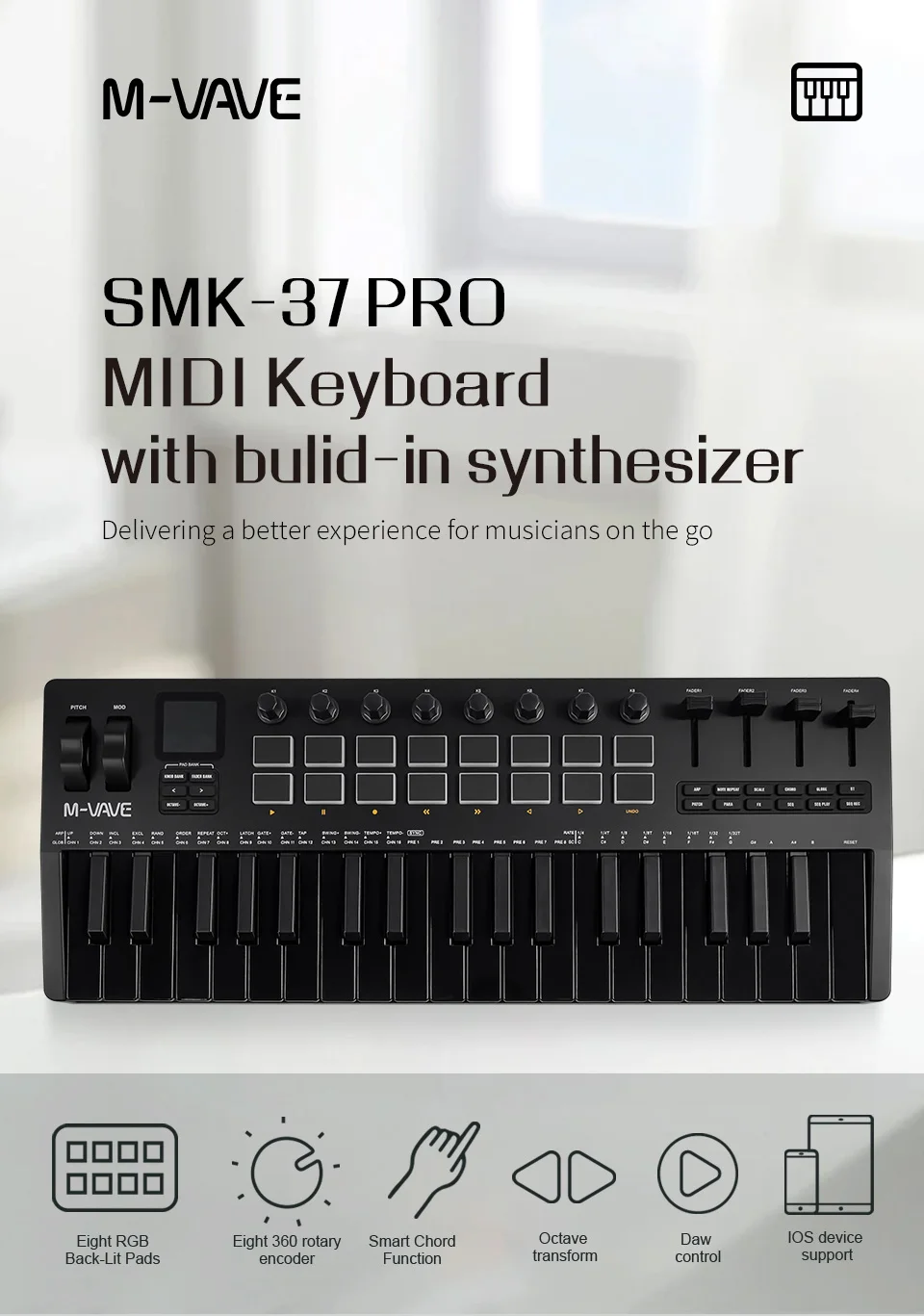 M-VAVE SMK-37 PRO Controlador MIDI USB de 37 teclas con 16