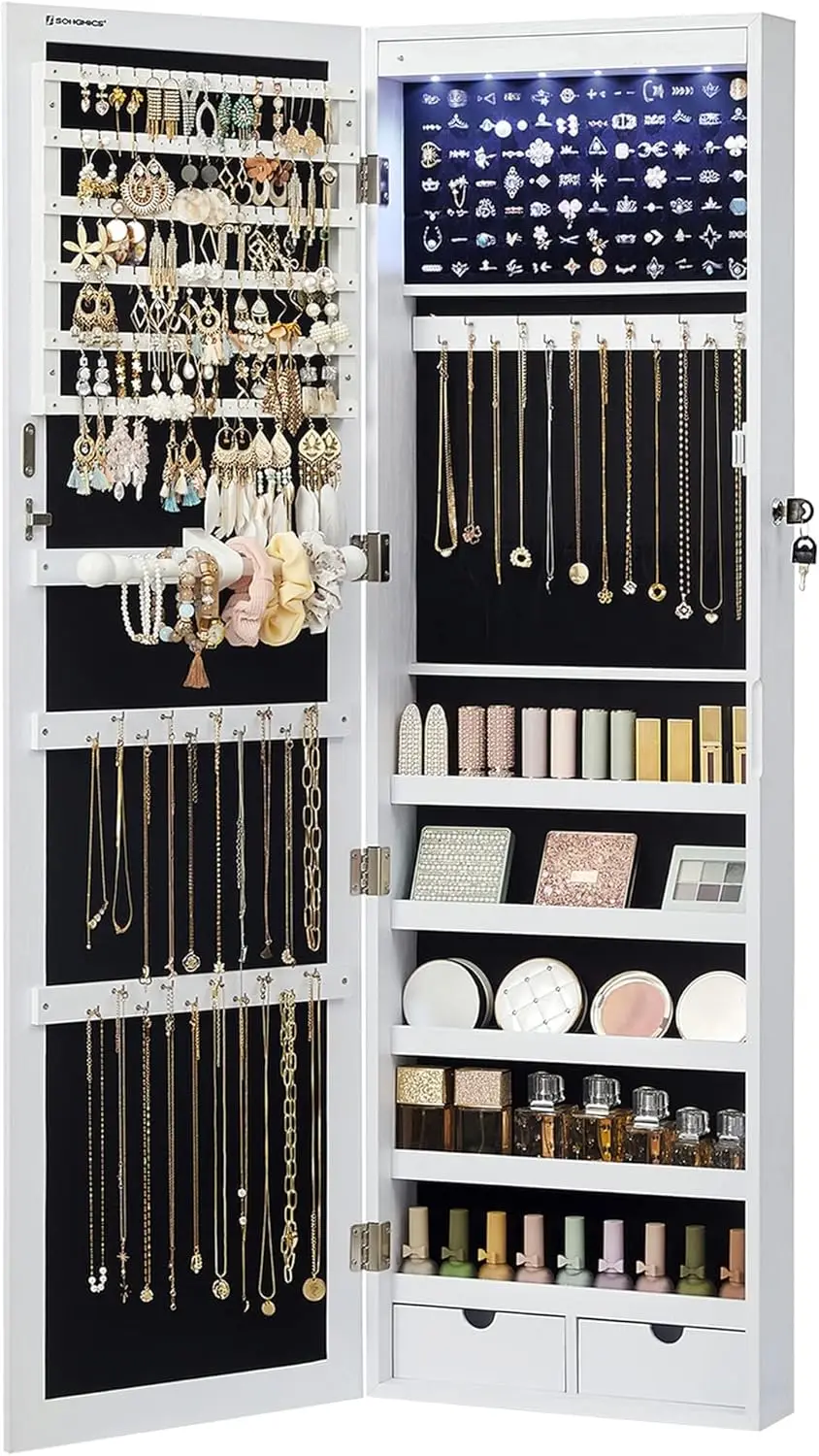 6 LEDs Mirror Jewelry Cabinet, 47.2-Inch Tall Lockable Wall or Door Mounted Jewelry Organizer with Mirror, 2 Drawers, 3.