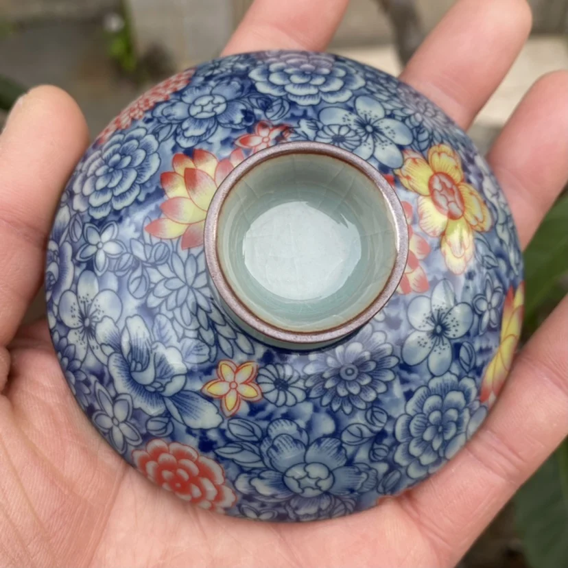 Handmade Jingdezhen Old Clay Blue and White Flowers Gaiwan Non-Scald Tea Brewing Bowl Household Porcelain Kung Fu Set Large