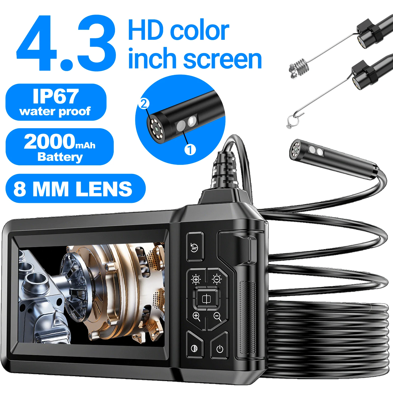 Caméra endoscopique 4.3" 1080P HD, caméra d'inspection à objectif simple et double, endoscope industriel étanche IP67 avec 2000AMH pour voiture