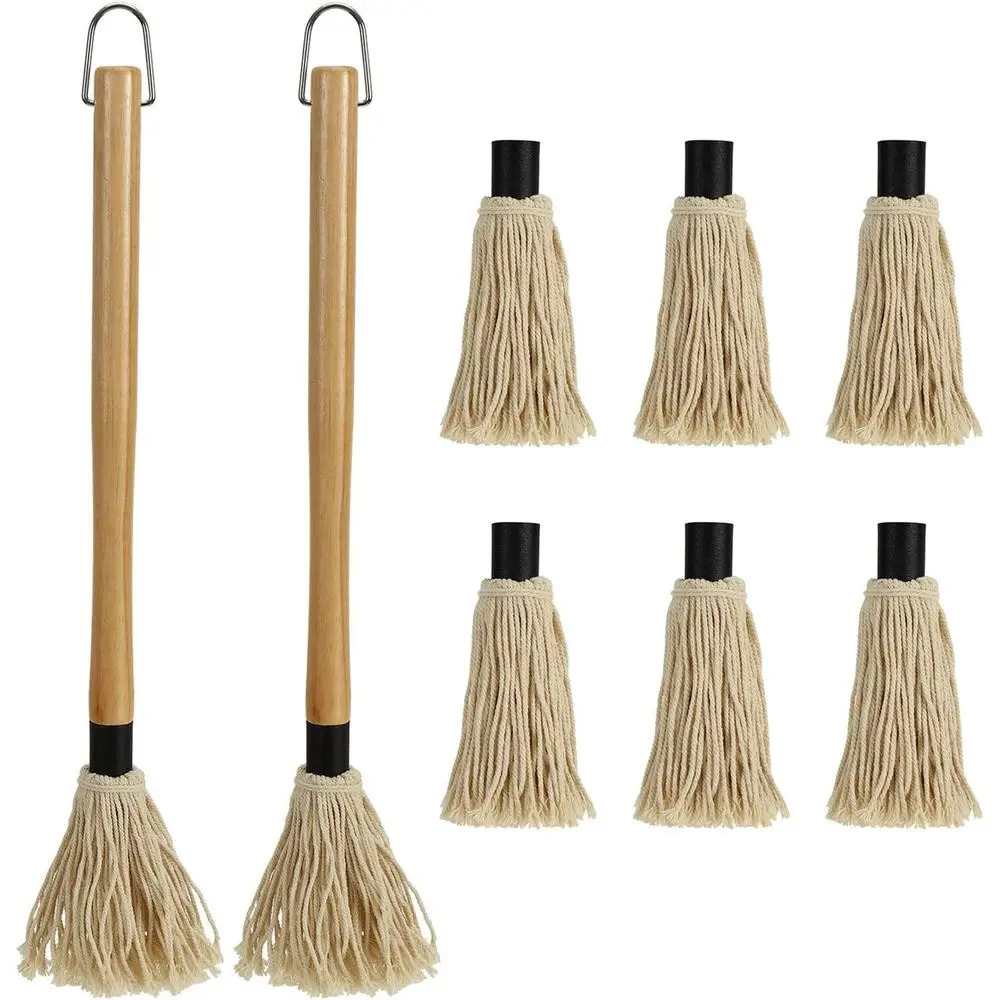2 Pack BBQ Basting Mop with 6 Extra Replacements, Grill Basting Wooden Long Handle for BBQ Grilling Smoking Steak (18.2 Inch)