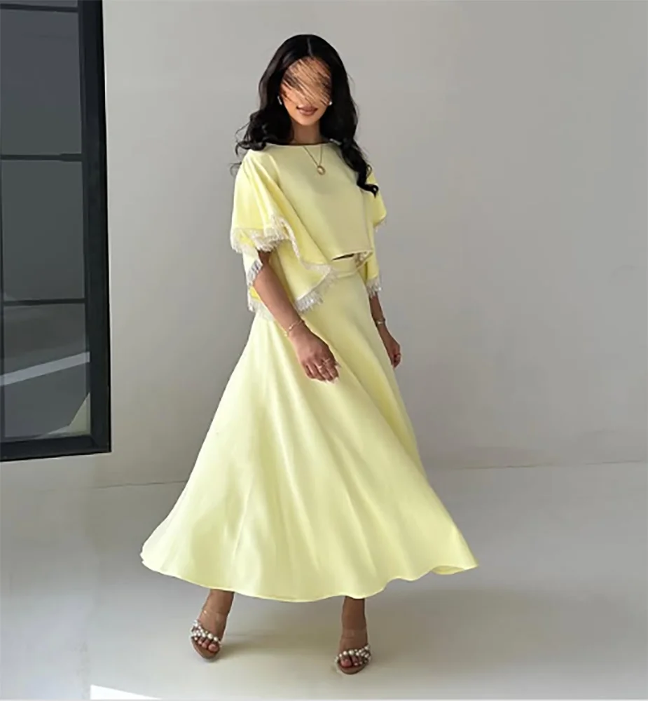 

Customized Half Sleeves Prom Dress O-Neck Pleated Beadings Tassels Ankle Length Vestidos Exquisite High Quality Party Dresses