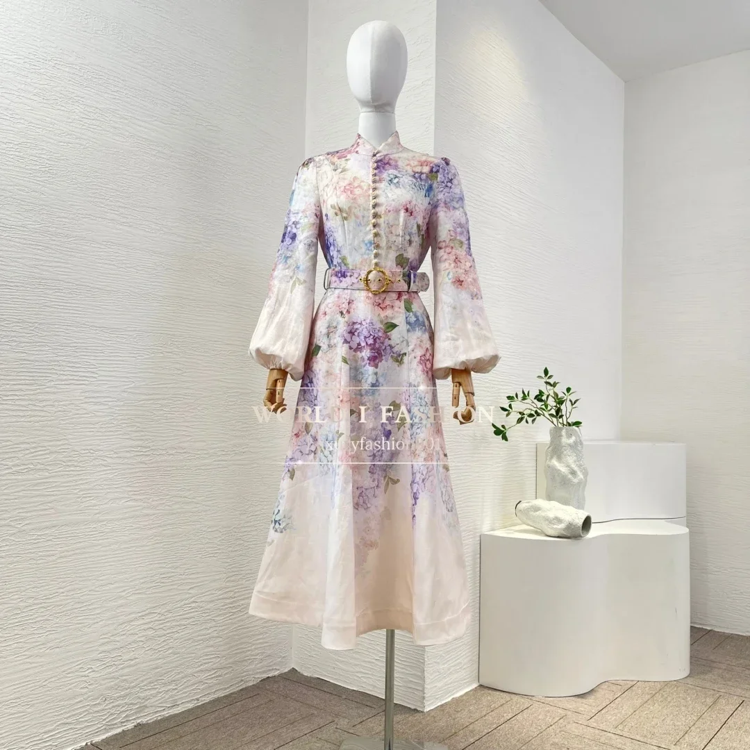 2025 New Spring High Quality Linen Multi Color Floral Print Long Sleeve Stand Collar Midi Dress for Women
