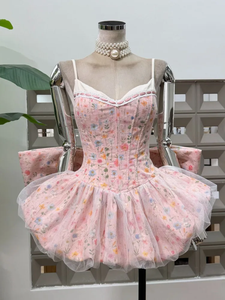 여성용 봄 여름 플로럴 프린트 캐미 드레스 튤 스커트 스윗 캐주얼 파티웨어 2025 트렌디 여성 패션 의상 드레스