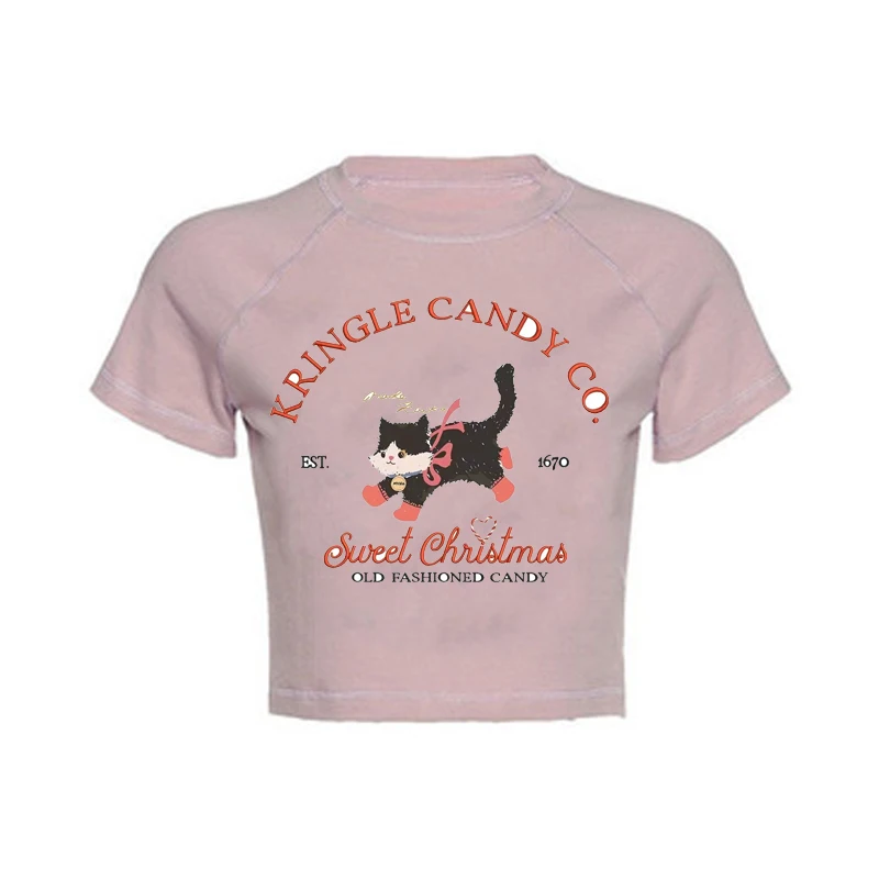 

Women's Ins style Korean casual top sweet and beautiful pink slim fit short, fresh and breathable cute T-shirt