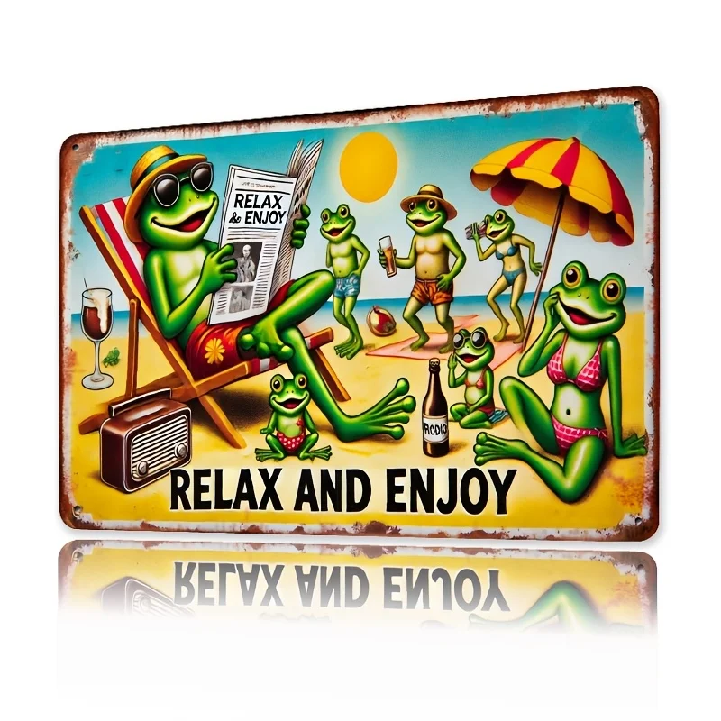 2D Flat, Relax And Enjoy Vintage Metal Wall Sign - 8x12 Inch Fun Frog Beach Scene Decorative Art For Bathroom, Kitchen, Dining R