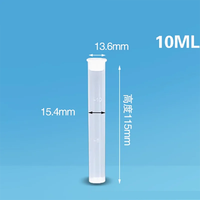 Tubo colorimétrico de plástico con scale10, 25, 50, 100ml, PP, sin boro, tubo de ensayo de fondo plano con tapa, 10 unidades