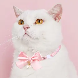 Cute Cats Collar Kitten Fairy Pink Lace Bow Hanging pearl Pet Collar Cat Dog Bow Tie Jewelry Satin Rhinestone Puppy Collar