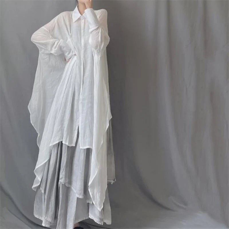 Fashionable Women's Lapel Long Sleeve Irregular Dress Mid-length Sun Protection Clothes Loose Shirt Group