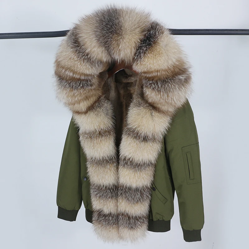 

2025 Winter Women Natural Fur Coat Jacket Bomber Parka Real Fox Raccoon Fur Collar Hooded Thick Warm Streetwear Outerwear