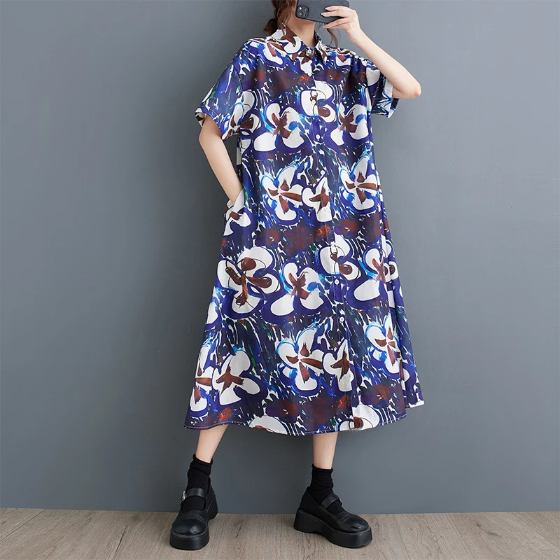 #3902 Summer Vintage Flower Printed A-line Midi Dress Women Turn-down Collar Ladies Dresses Short Sleeve Loose Korean Fashion