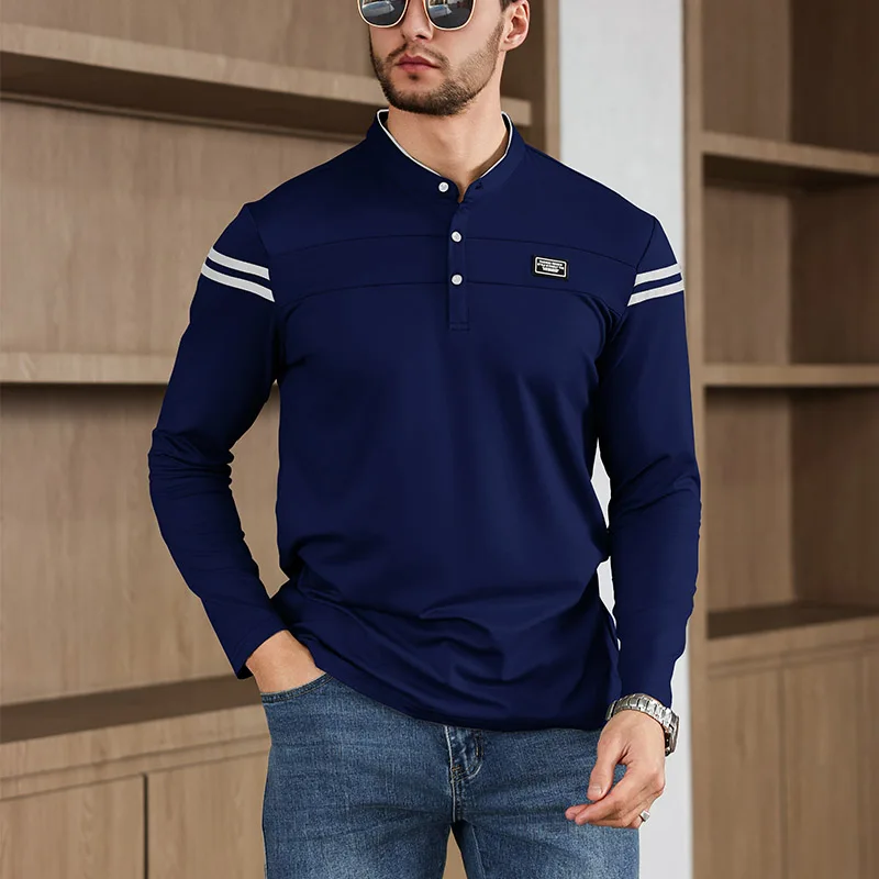 2025 New Men's Casual Fashion Solid Color Long Sleeved Polo Shirt Stand Up Collar Versatile Comfortable Top