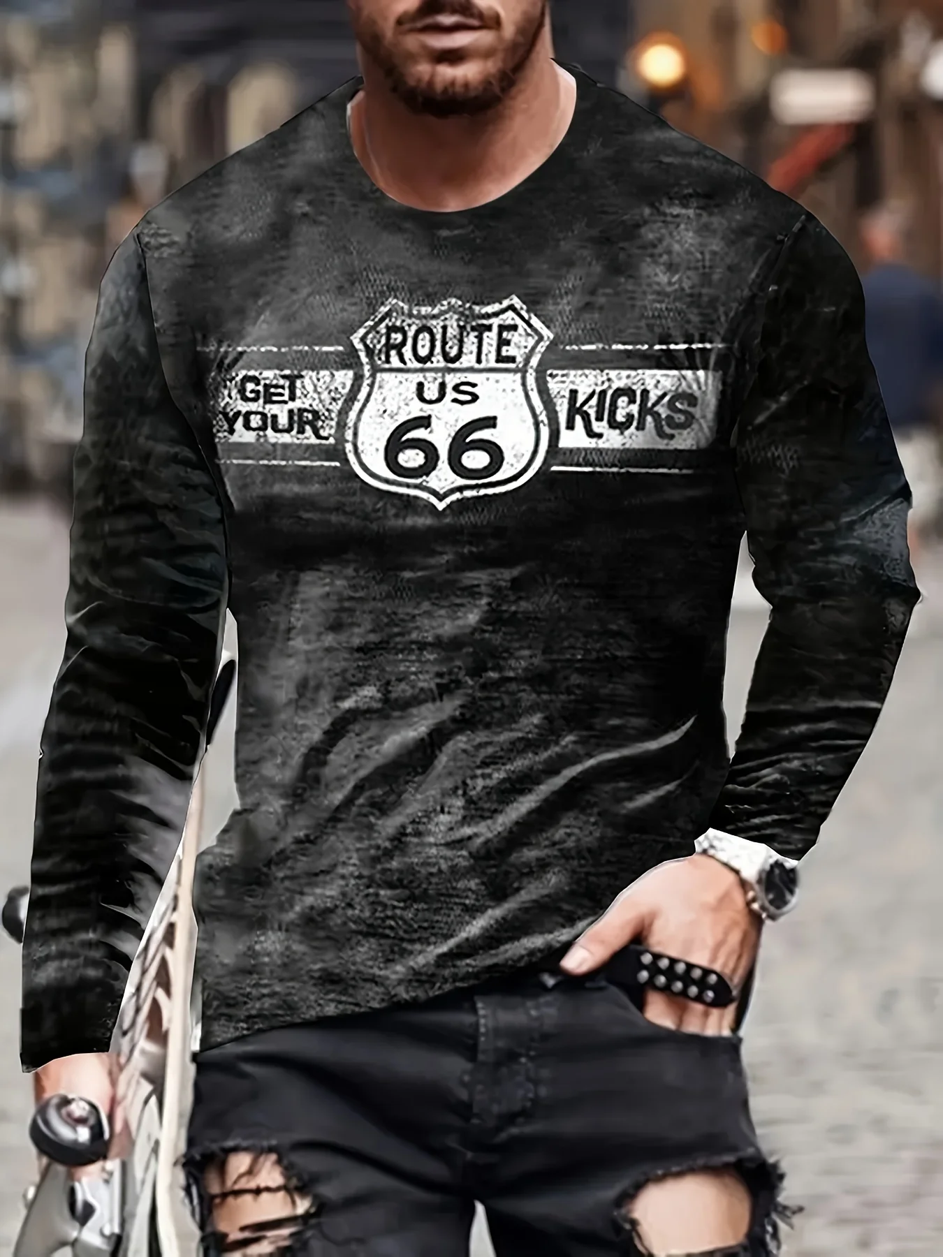 

Men's 3D Printed Route 66 Icon T-Shirt, Casual Round Neck Long Sleeve Tee, Polyester Comfort Fit, Spring