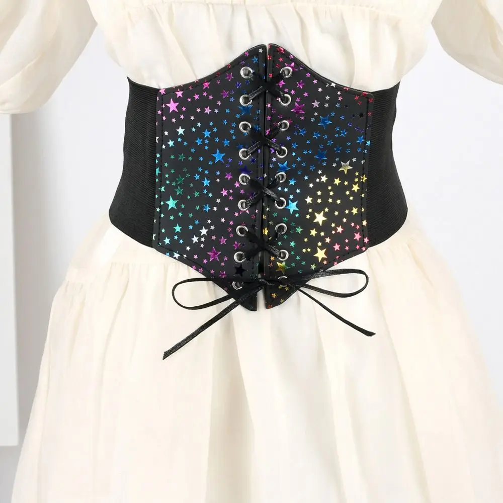 

Elegant Butterfly Elastic Cummerbunds Star PU Leather Wide Belt Slimming Printing Waist Corset Dress