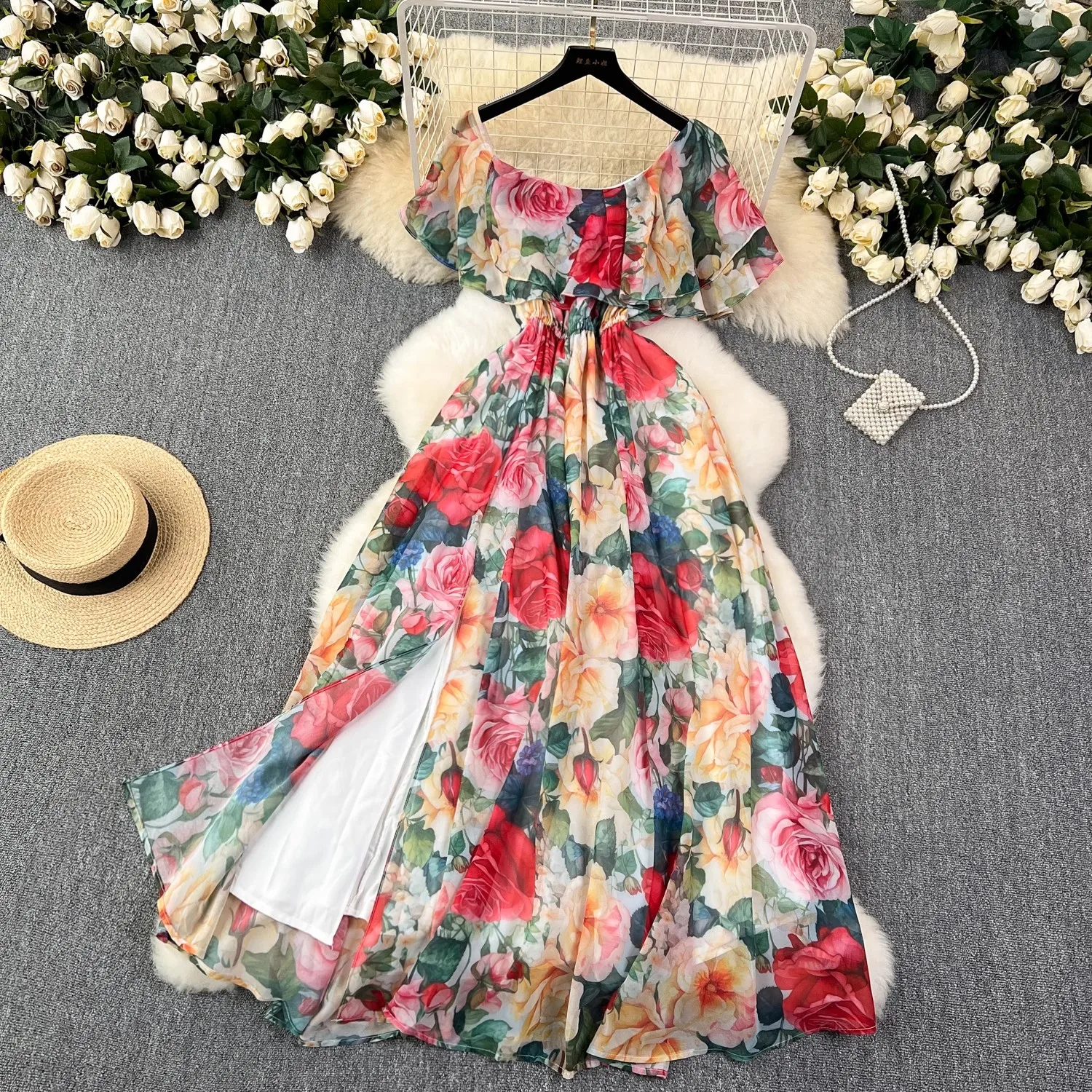 Abiti estivi per donna 2024 Casual Beach Style abito con spalle scoperte maniche corte Slash Neck Floral Flowy Boho Long Vestido 2504