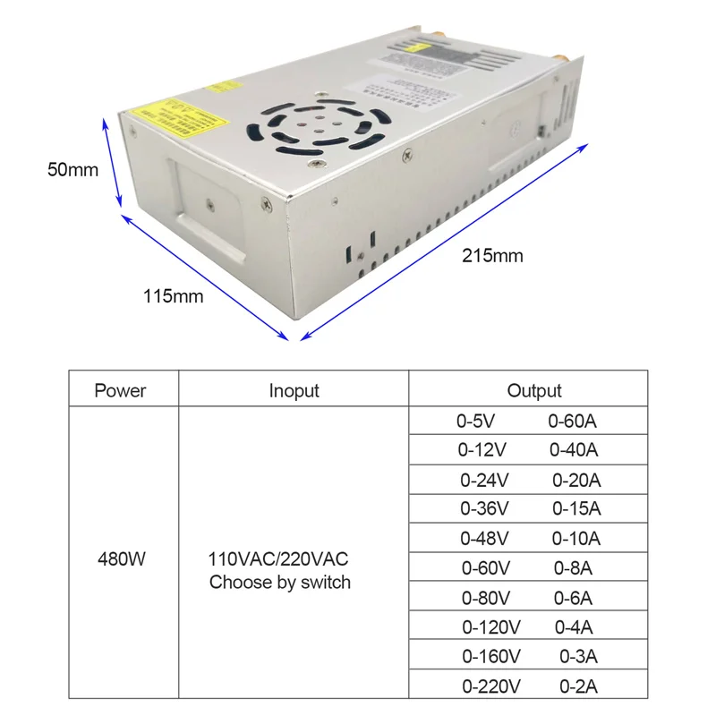 480W cyfrowy wyświetlacz przełączanie zasilania regulowane napięcie ograniczenie prądu 0-5v 12v 24V 36V 48V 60v 80V 120v 220v, HJS-480