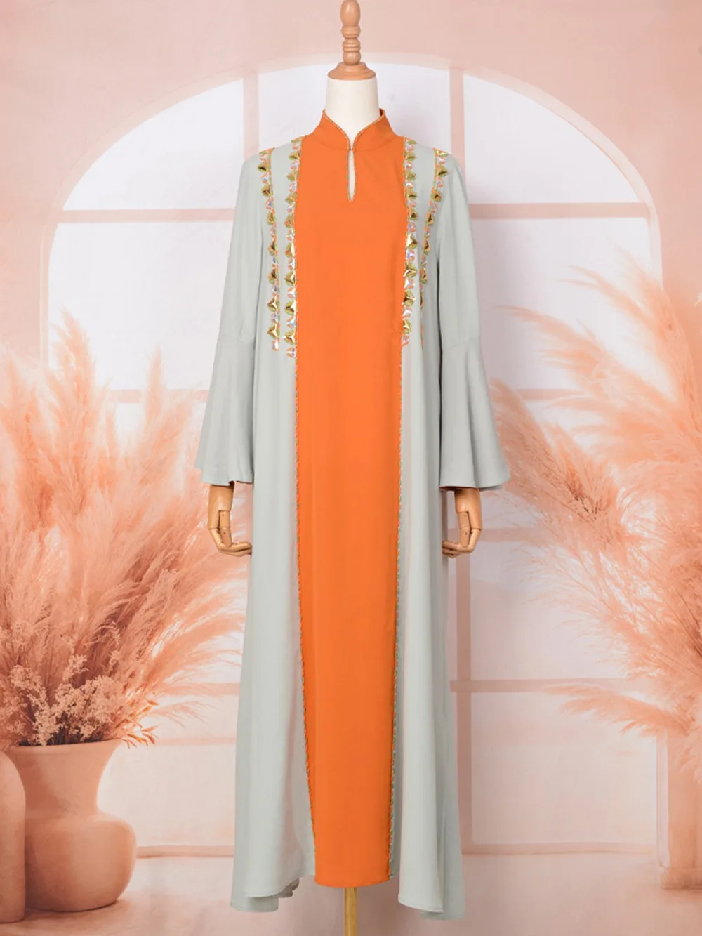 

Ид вечернее платье женское мусульманское Абая с воротником-стойкой из бисера осень Джалабия Рамадан длинные платья Vestidos Largos Kaftan арабский халат