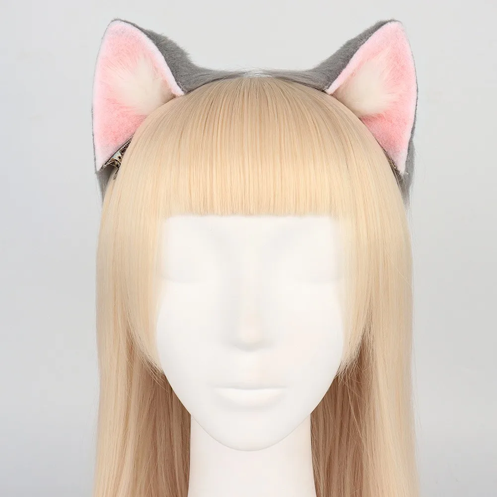 Cosplay Anime Hair Clip Cat Ear Gray Pink Hair Clips Furry Animal Ears Barrettes Plush Double Braid Hair Cosplay Accessory view 3