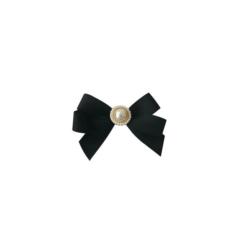 Black Satin Ribbon Bow Brooch Pearl Floating Tie Tie Flower College Style Pin Small Clothing Decoration Accessories