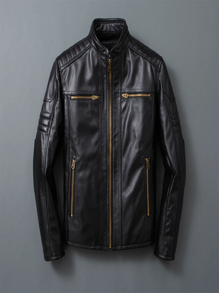 

Classical Men Genuine Leather Motorcycle Jackets 100%Top Layer Cowhide Black Biker Coat Spring Autumn Calfskin Jacket