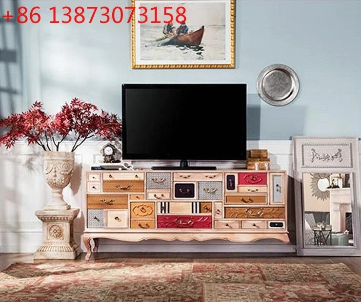 

Foreign trade export TV cabinet French American solid wood carving flower bucket cabinet retro old TV cabinet