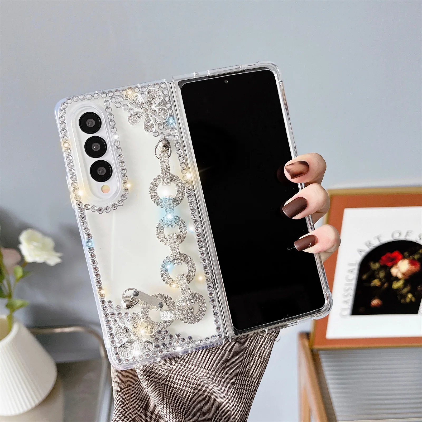 for Samsung Galaxy Z Fold 4 Case Cute for Women Girls Luxury 3D Handmade Sparkle Pearl Strap Chain Diamond Bling Glitter Cover