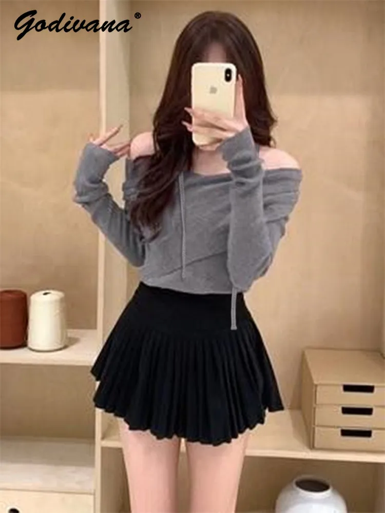 Nuovo autunno femminile dolce irregolare croce con lacci scollo a V corto lavorato a maglia top tinta unita maglieria sottile da donna a maniche lunghe