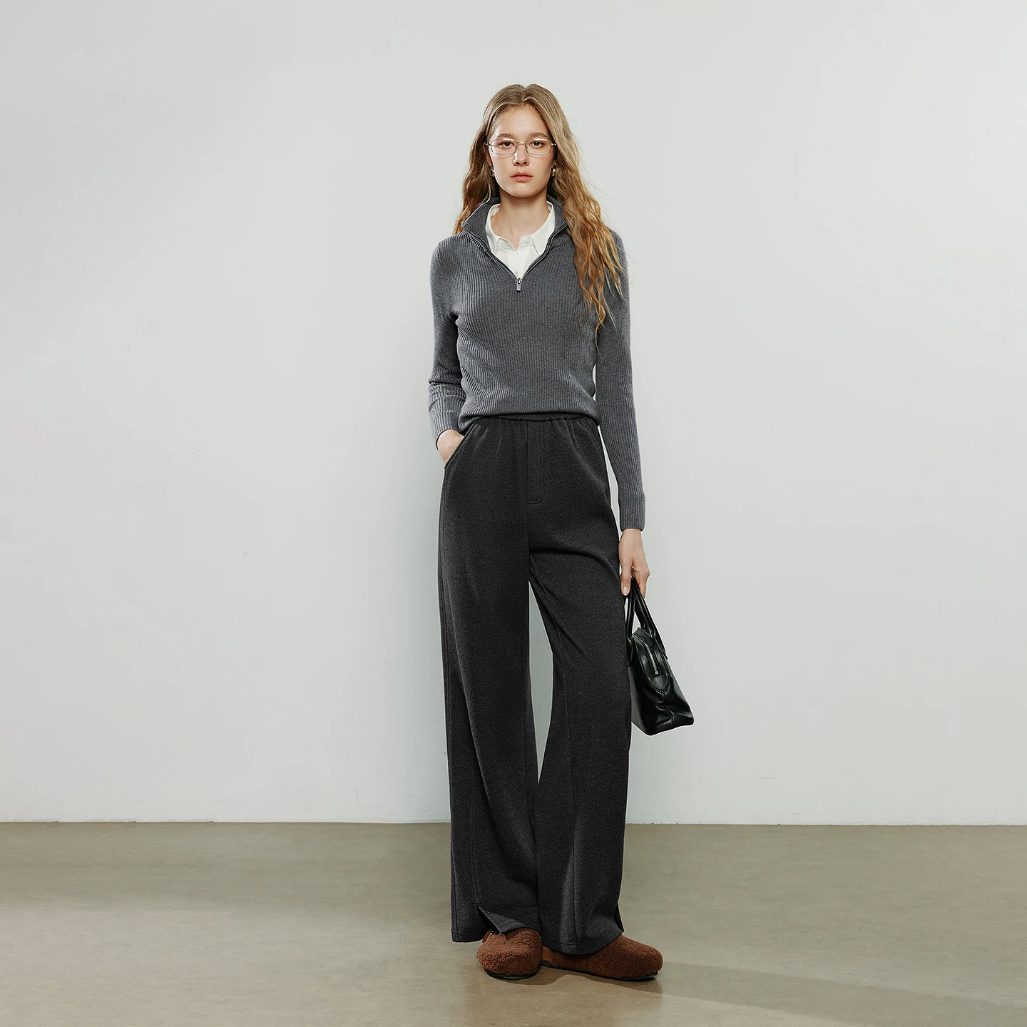 TOYOUTH سراويل تقليدية نسائية 2025 شتاء جديد مستقيم الساق سبليت الصوف مبطن الدافئة الصوف مثل مرونة الخصر سبليت بنطلون طويل #3