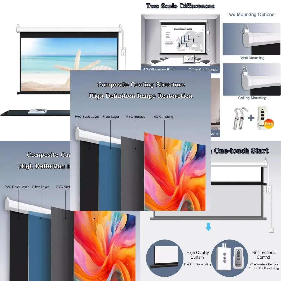60 Motorized Projector Screen - 72 4k Hd Electric Screen, Automatic Retractable with Remote, Ideal for Indoor and Outdoor Movie