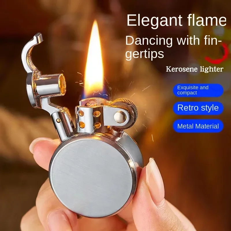 New Retro Round Kerosene Lighter Creative Metal Windproof Flame Lighter Gold and Silver Oil Lighter Smoking Accessories Tool