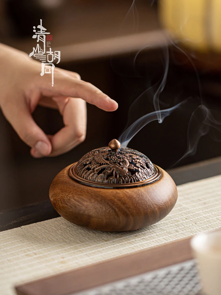 Incense burner household indoor walnut pan incense agarwood incense burner tea ceremony zen antique hollow creative ornament