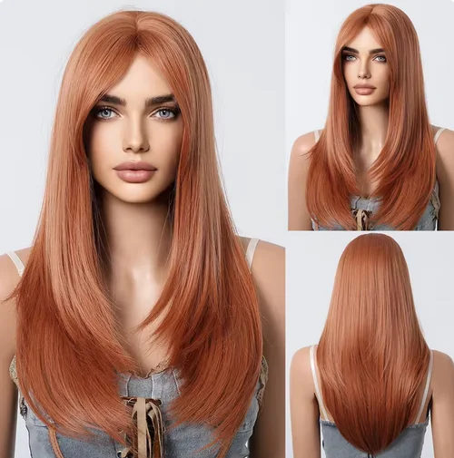 Long Auburn Synthetic Wig with Bangs Layered Straight Copper Red Wigs for Women Natural Heat Resistant Wig for Daily