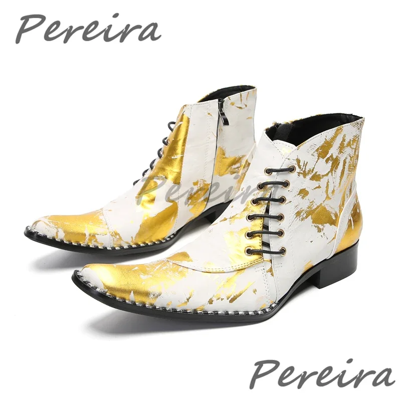 

Golden Square Toe Cow Leather Short Boots Cross Tied Design Zipper Chelsea Boots Autumn Winter Party Banquet Club Ankle Boots