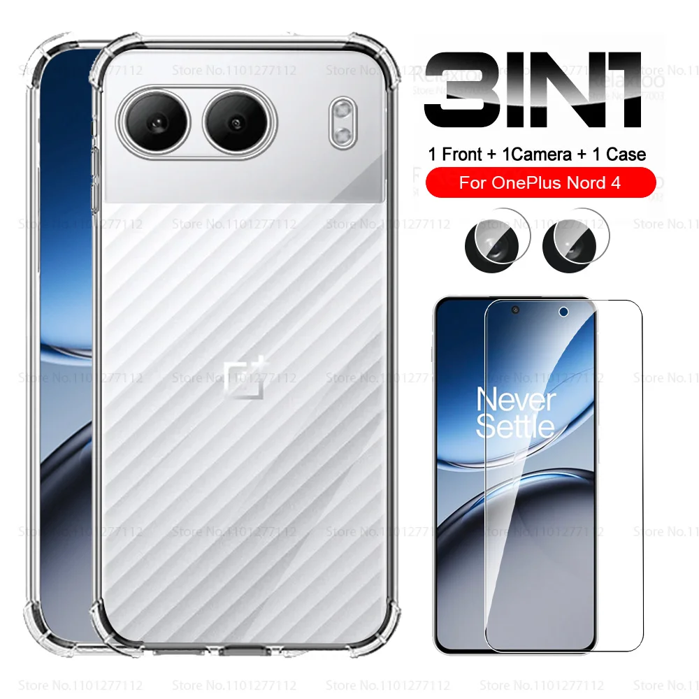 3in1 For OnePlus Nord 4 Case Glass Camera Screen Protector On One Plus Nord4 OnePlusNord4 1+ 4Nord 5G Silicone Clear Funda Coque