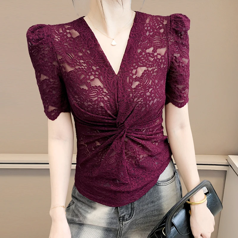 

Black,Summer,Korean,Style,T-Shirt,Chic,Sexy,V-Neck,Lace,Draped,Women,Tops,Short Sleeve,Ruffles,Bottoming Shirt,Slim,Tees,56902