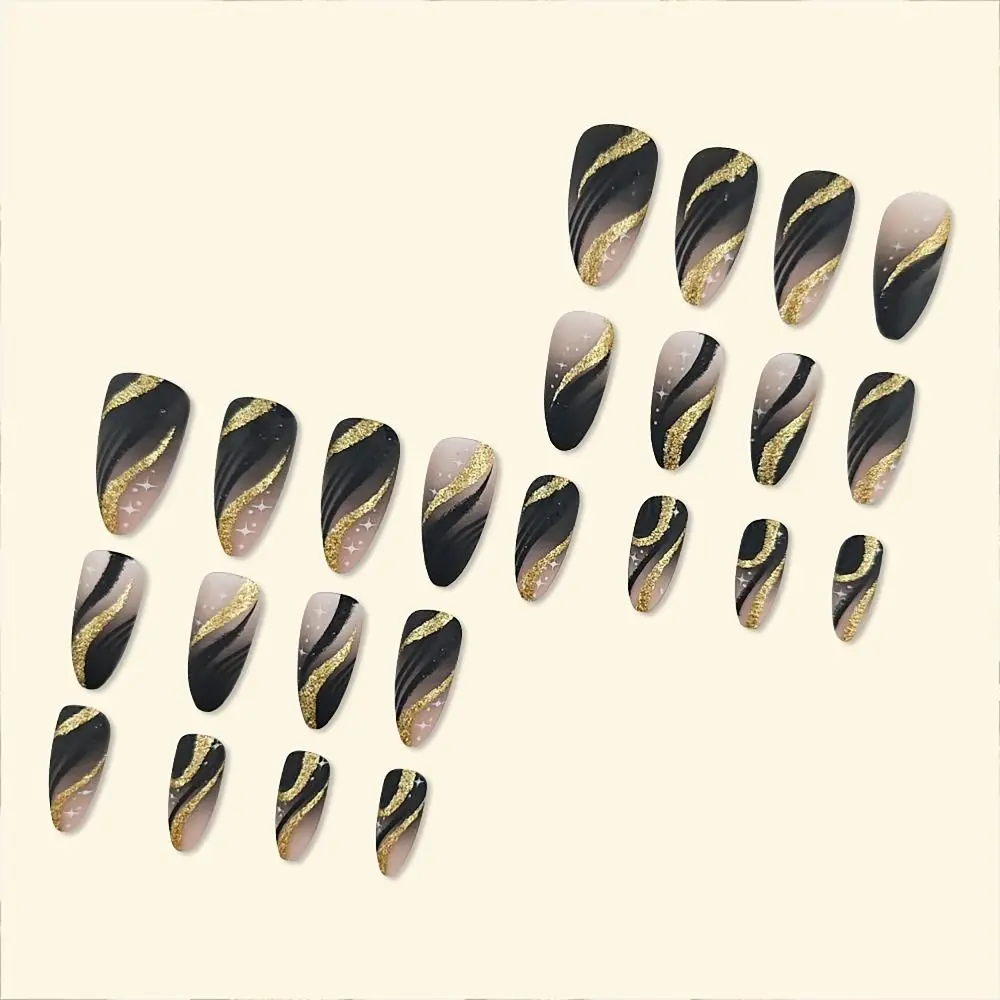 24/30PCS Spice Glitter Unghie finte Dorate Pittura a inchiostro francese Unghie finte con adesivi in gelatina Love Press sulle unghie per le donne Ragazza