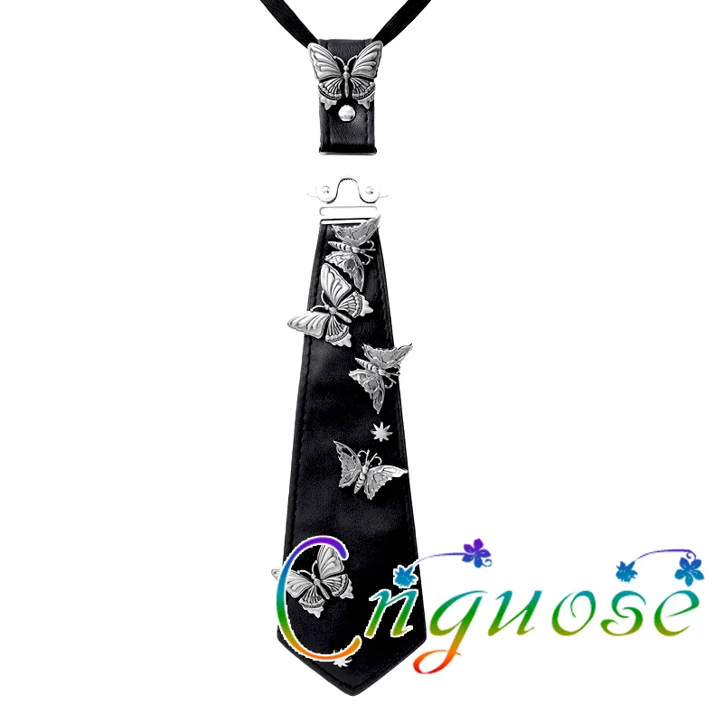 2024-new-japanese-rock-punk-style-gothic-rivet-faux-leather-pu-leather-metal-butterfly-women's-tie-unisex-accessories-necktie