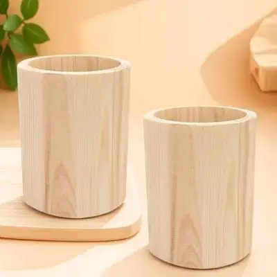 2pcs Wooden Pencil Cup Pine Stationery Organizer For Desk Home Office Storage Brush Holder Pen Container Succulent Planter
