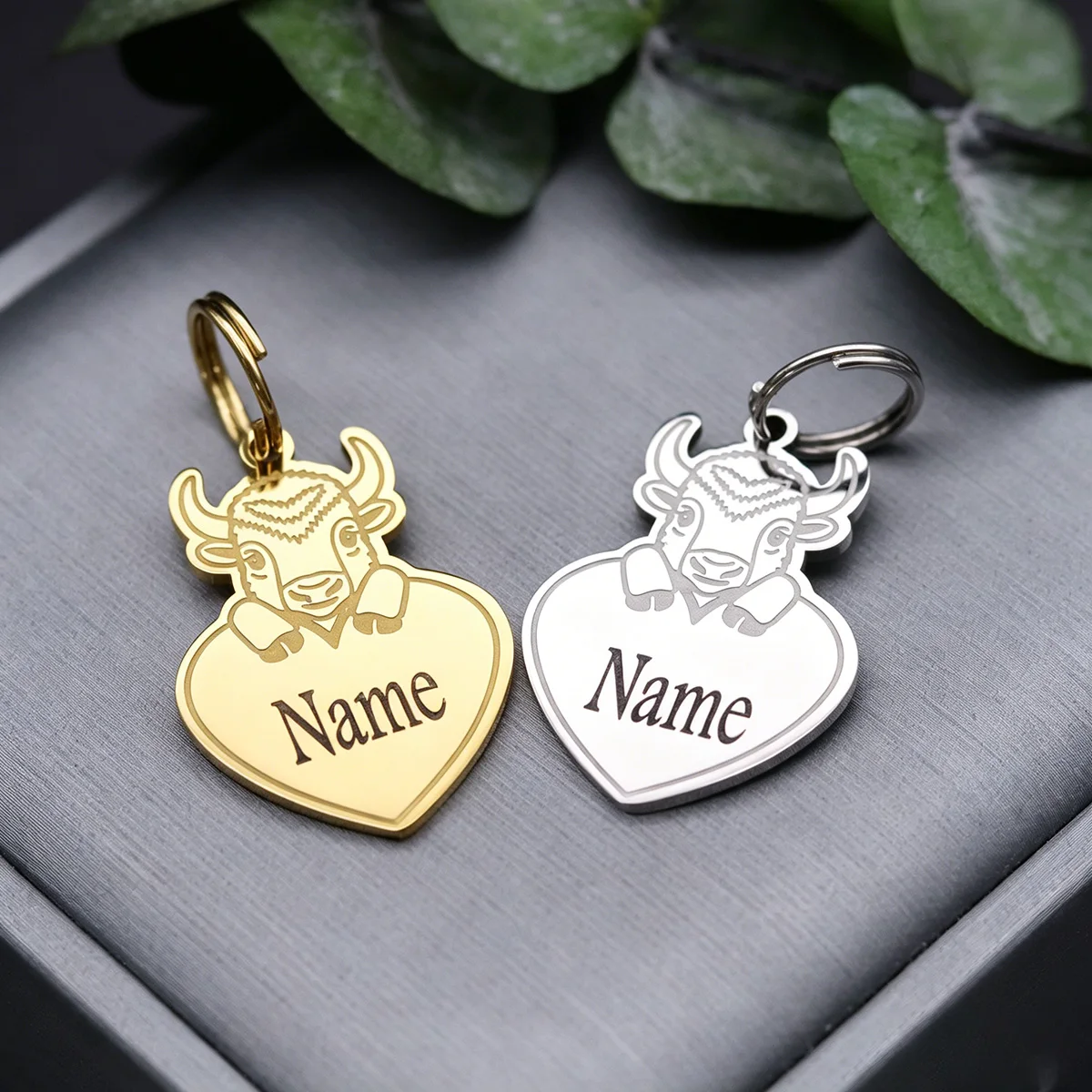 Personalized Engraved Bull Heart Keyring Stainless Steel Custom Name Pet Cow Animal Keychain Bag Ornament Gift for Men Women