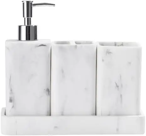 

4-Piece Bathroom Accessory Set – Modern White Soap Dispenser, Toothbrush & Qtip Holder for Sink Decor