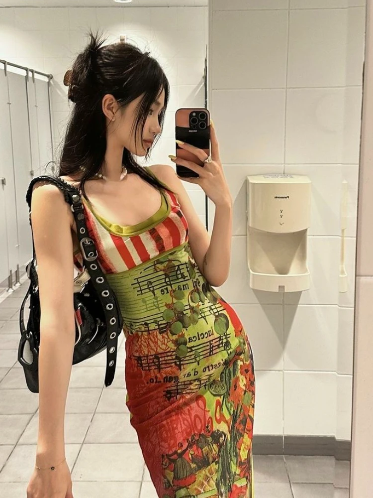 2024 Harajuku Irregular Y2k Aesthetic Vestidos Grunge Fairy Printing Women Sleeveless Dresses Vintage Streetwear Backless Dress