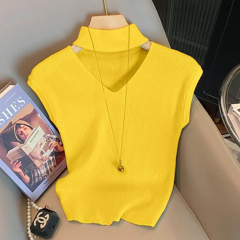 2026 French Elegant Mock Neck Hollow Knit Tank Women Slim Crop Top Unique for Spring Summer Inner Wear
